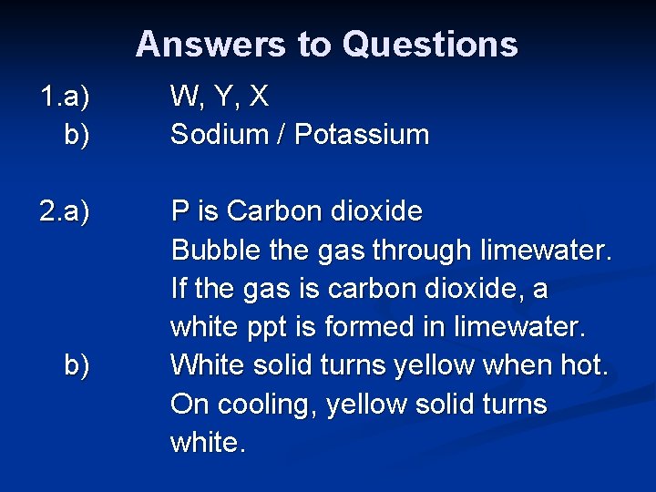 Answers to Questions 1. a) b) W, Y, X Sodium / Potassium 2. a)