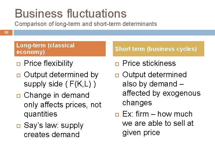 Business fluctuations Comparison of long-term and short-term determinants 10 Long-term (classical economy) Price flexibility