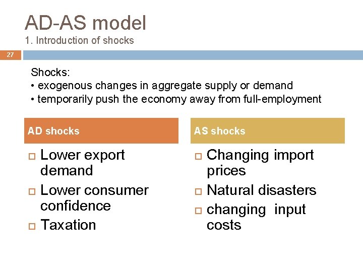 AD-AS model 1. Introduction of shocks 27 Shocks: • exogenous changes in aggregate supply