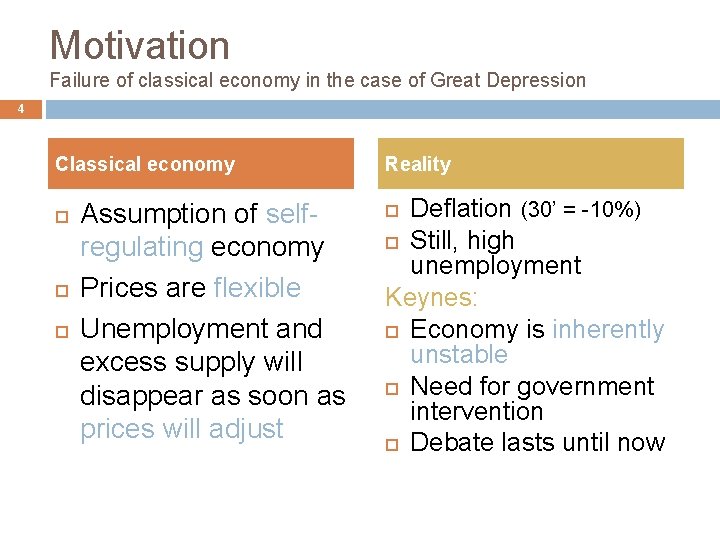 Motivation Failure of classical economy in the case of Great Depression 4 Classical economy