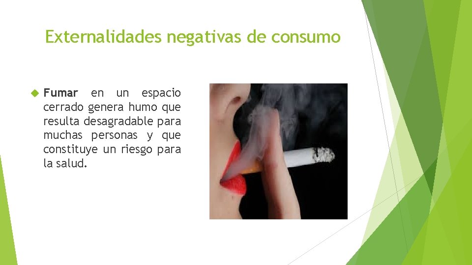 Externalidades negativas de consumo Fumar en un espacio cerrado genera humo que resulta desagradable