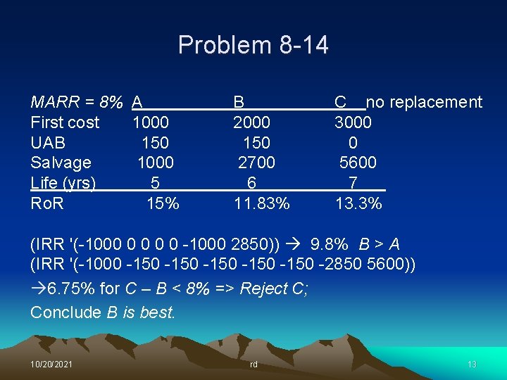 Problem 8 -14 MARR = 8% A First cost 1000 UAB 150 Salvage 1000