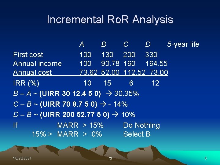 Incremental Ro. R Analysis A B C D 5 -year life First cost 100