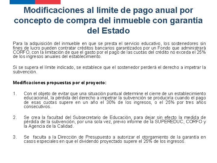 Modificaciones al límite de pago anual por concepto de compra del inmueble con garantía