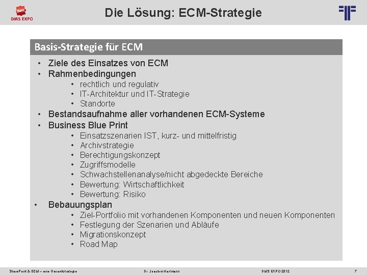 Die Lösung: ECM-Strategie Basis-Strategie für ECM • Ziele des Einsatzes von ECM • Rahmenbedingungen