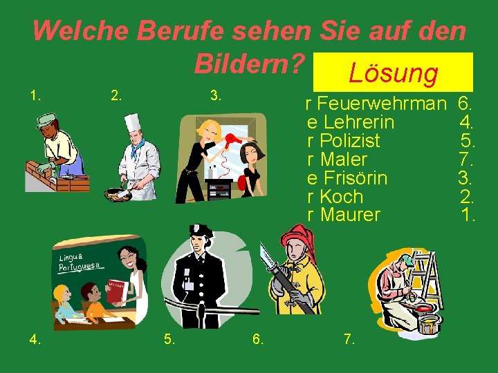 Welche Berufe sehen Sie auf den Bildern? Lösung 1. 4. 2. 3. 5. r