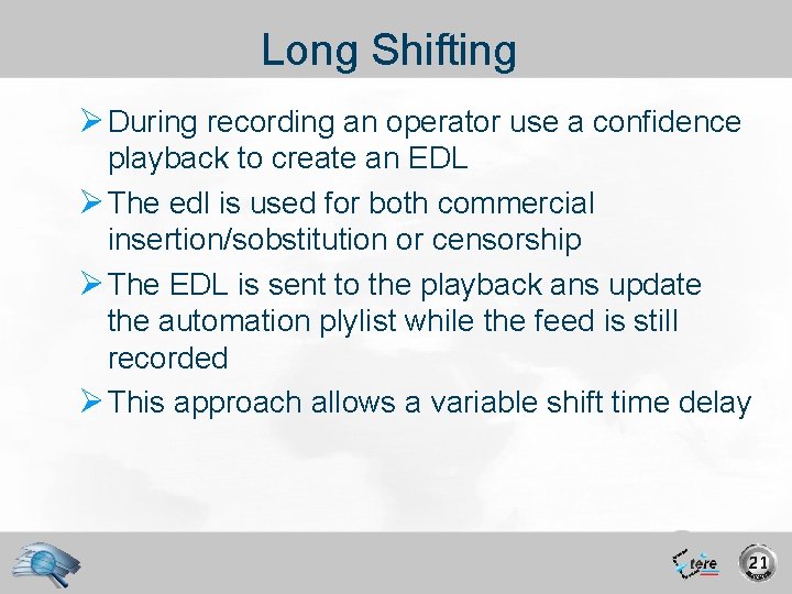 Long Shifting Ø During recording an operator use a confidence playback to create an