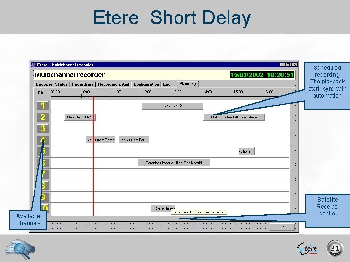 Etere Short Delay Scheduled recording The playback start sync with automation Available Channels Satellite