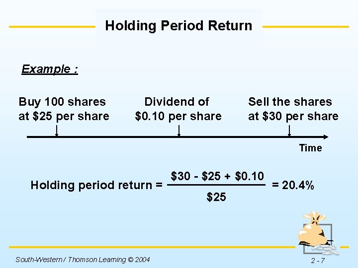Holding Period Return Example : Buy 100 shares at $25 per share Dividend of