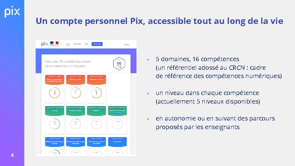 Un compte personnel Pix, accessible tout au long de la vie • • •