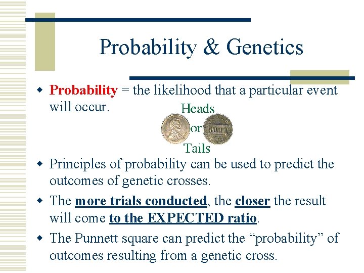 Probability & Genetics w Probability = the likelihood that a particular event will occur.