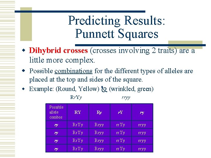 Predicting Results: Punnett Squares w Dihybrid crosses (crosses involving 2 traits) are a little