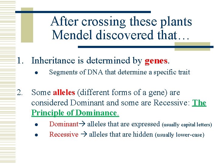 After crossing these plants Mendel discovered that… 1. Inheritance is determined by genes. l