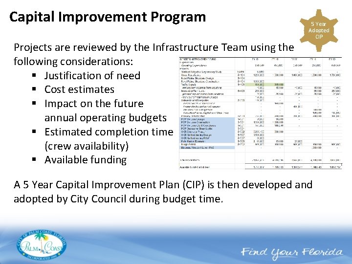 Capital Improvement Program Projects are reviewed by the Infrastructure Team using the following considerations: