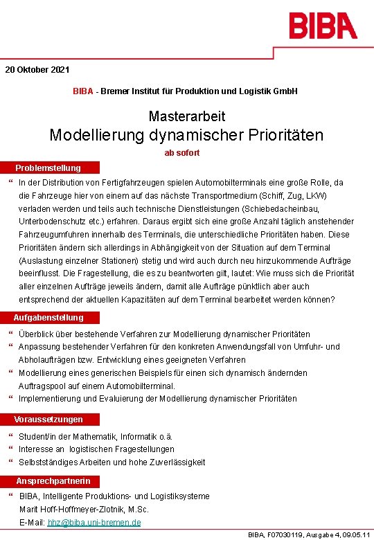 20 Oktober 2021 BIBA - Bremer Institut für Produktion und Logistik Gmb. H Masterarbeit