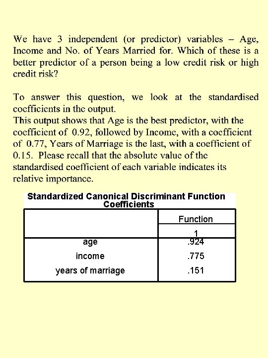 Standardized Canonical Discriminant Function Coefficients Function age 1. 924 income . 775 years of