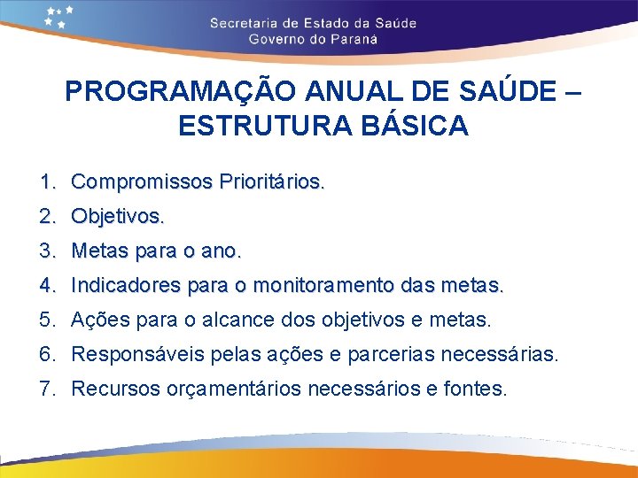 PROGRAMAÇÃO ANUAL DE SAÚDE – ESTRUTURA BÁSICA 1. Compromissos Prioritários. 2. Objetivos. 3. Metas