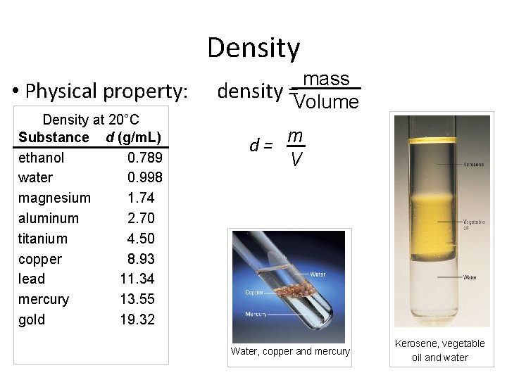 Density • Physical property: Density at 20°C Substance d (g/m. L) ethanol 0. 789