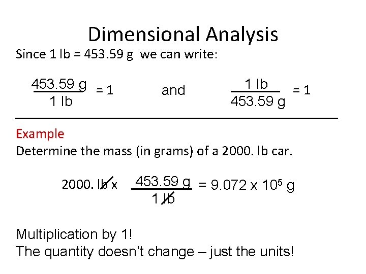 Dimensional Analysis Since 1 lb = 453. 59 g we can write: 453. 59