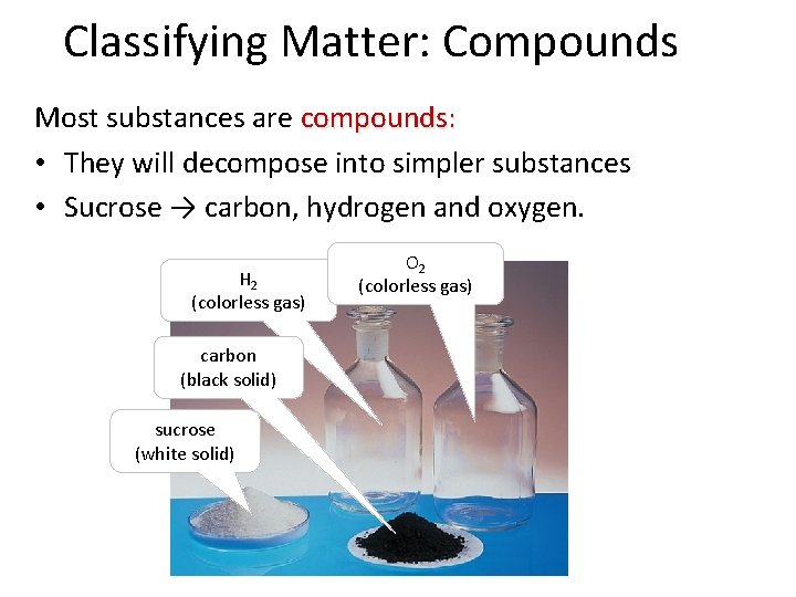 Classifying Matter: Compounds Most substances are compounds: • They will decompose into simpler substances