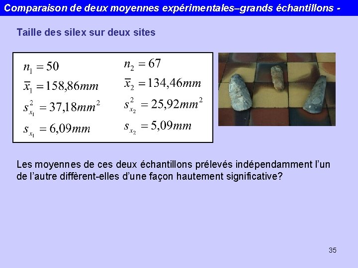 Comparaison de deux moyennes expérimentales–grands échantillons Taille des silex sur deux sites Les moyennes