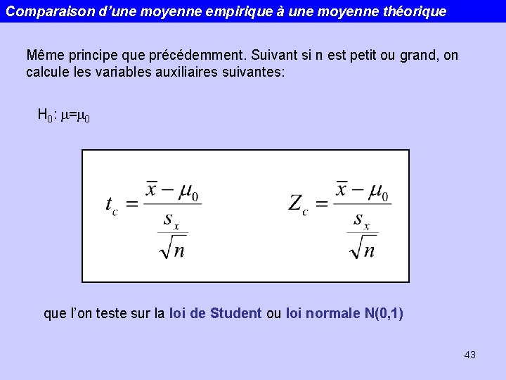 Comparaison d’une moyenne empirique à une moyenne théorique Même principe que précédemment. Suivant si