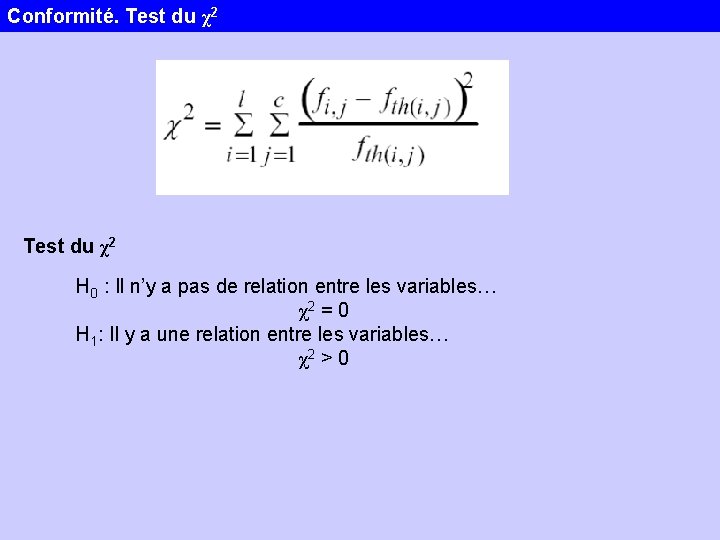 Conformité. Test du χ2 H 0 : Il n’y a pas de relation entre