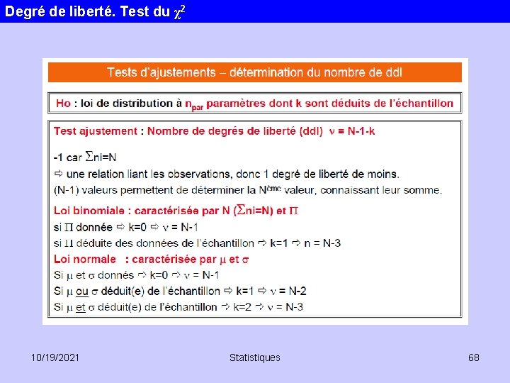 Degré de liberté. Test du χ2 10/19/2021 Statistiques 68 