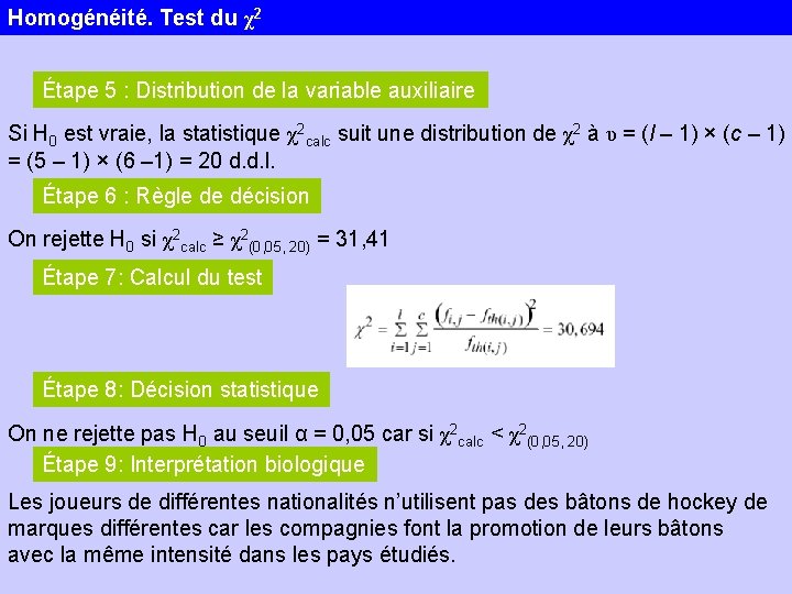 Homogénéité. Test du χ2 Étape 5 : Distribution de la variable auxiliaire Si H