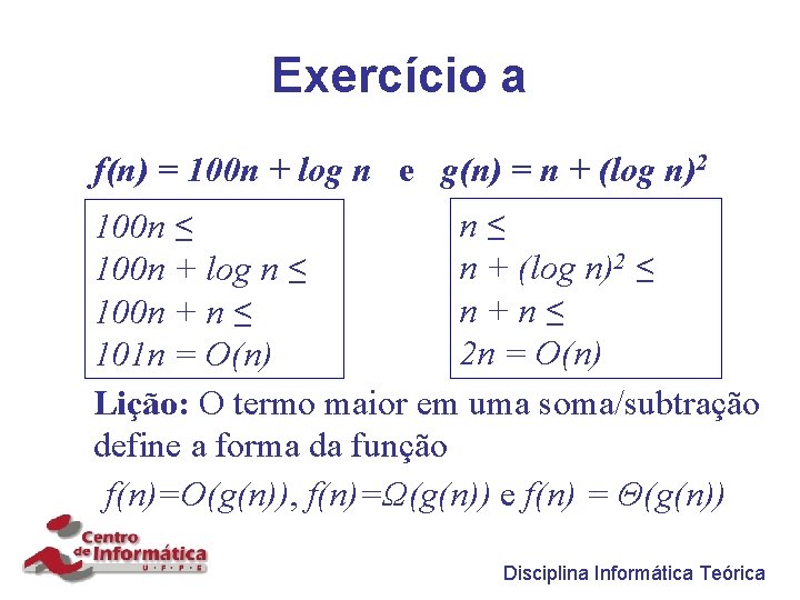 Exercício a f(n) = 100 n + log n e g(n) = n +