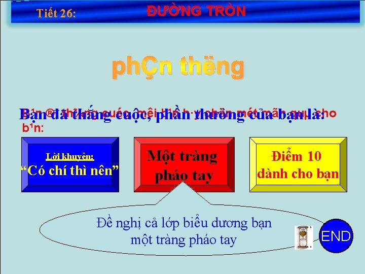 ĐƯỜNG TRÒN Tiết 26: B¹n ®· cuéc, mêiphần b¹n h·y chän mét mãn quµlà: