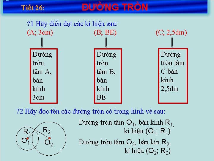 Tiết 26: ĐƯỜNG TRÒN ? 1 Hãy diễn đạt các kí hiệu sau: (A;