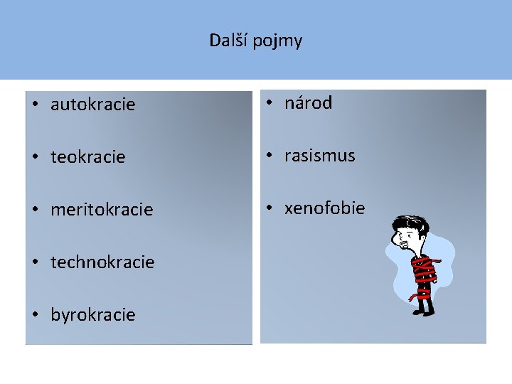 Další pojmy • autokracie • národ • teokracie • rasismus • meritokracie • xenofobie