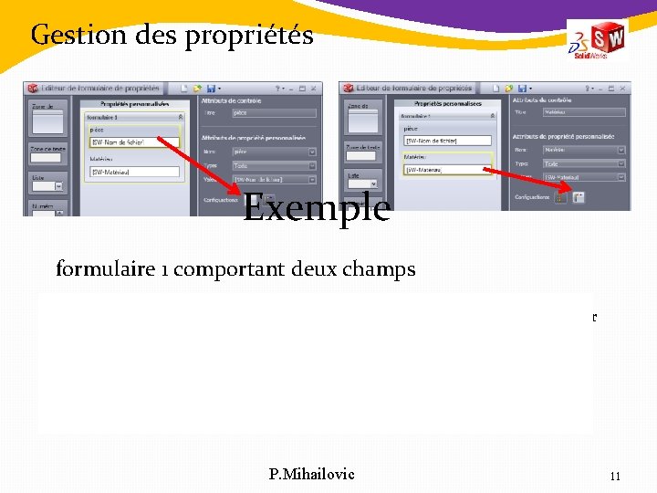 Gestion des propriétés Exemple formulaire 1 comportant deux champs pièce 1. champ propre à