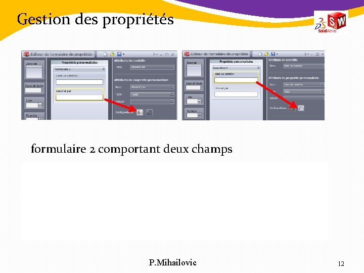 Gestion des propriétés formulaire 2 comportant deux champs 1. dessiné par champ propre à