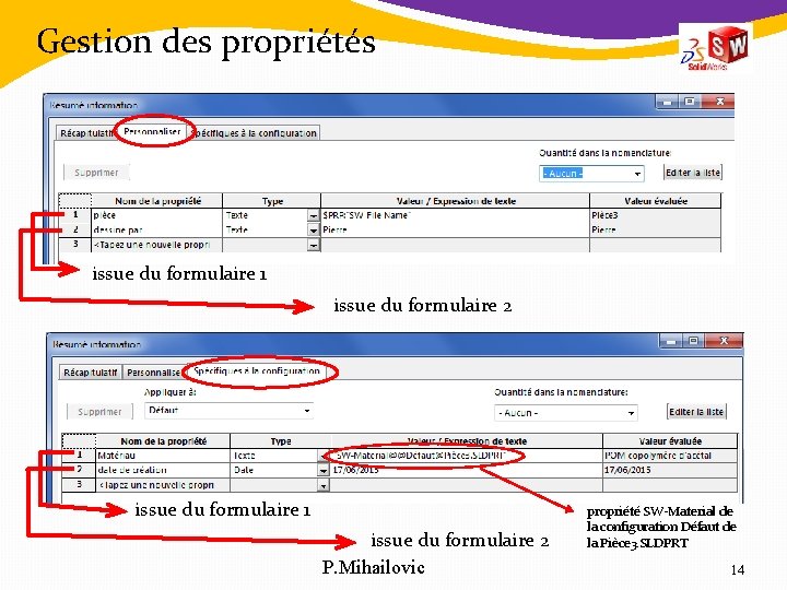 Gestion des propriétés issue du formulaire 1 issue du formulaire 2 P. Mihailovic propriété