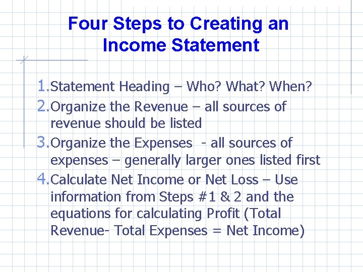 Four Steps to Creating an Income Statement 1. Statement Heading – Who? What? When?