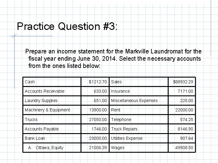 Practice Question #3: Prepare an income statement for the Markville Laundromat for the fiscal