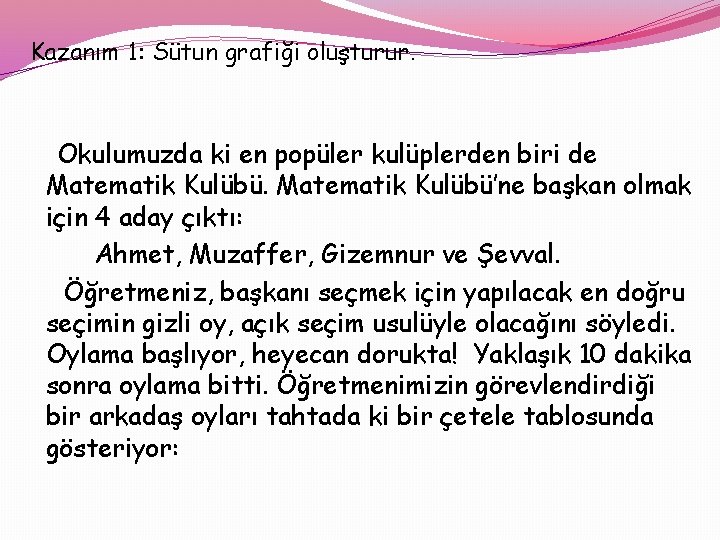 Kazanım 1: Sütun grafiği oluşturur. Okulumuzda ki en popüler kulüplerden biri de Matematik Kulübü’ne