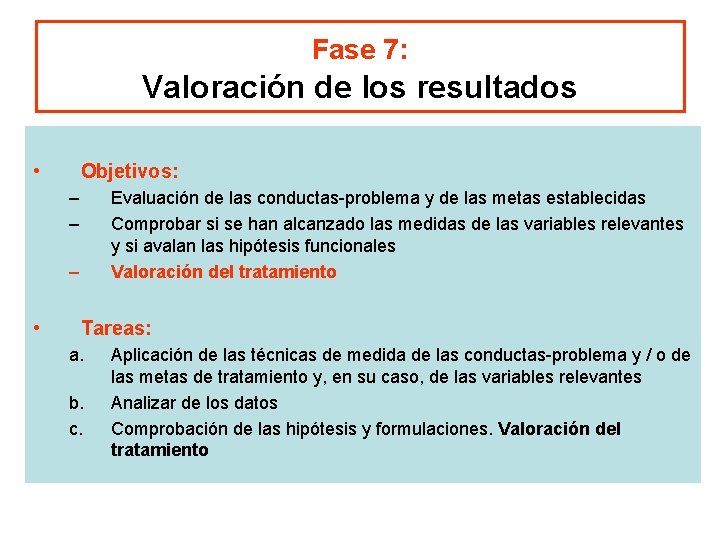 Fase 7: Valoración de los resultados • Objetivos: – – Evaluación de las conductas-problema
