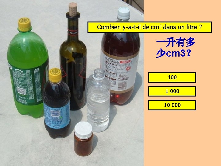 Combien y-a-t-il de cm 3 dans un litre ? 一升有多 少cm 3？ 100 1