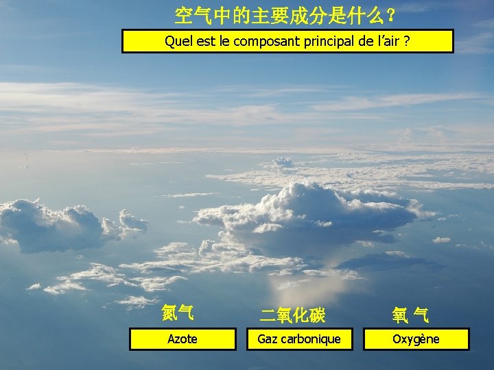 空气中的主要成分是什么？ Quel est le composant principal de l’air ? 氮气 Azote 二氧化碳 氧气 Gaz