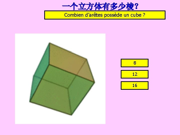 一个立方体有多少棱？ Combien d’arêtes possède un cube ? 8 12 16 