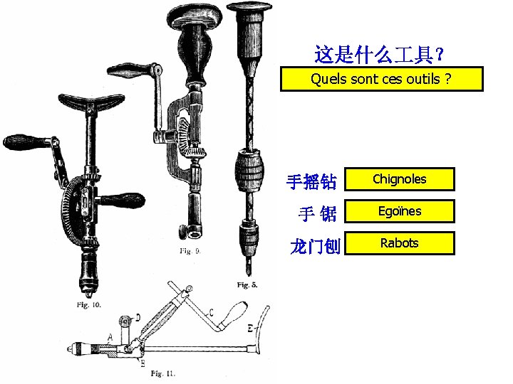 这是什么 具？ Quels sont ces outils ? 手摇钻 Chignoles 手锯 Egoïnes 龙门刨 Rabots 