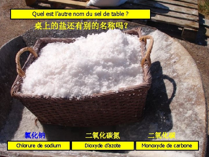 Quel est l’autre nom du sel de table ? 桌上的盐还有别的名称吗？ 氯化钠 Chlorure de sodium