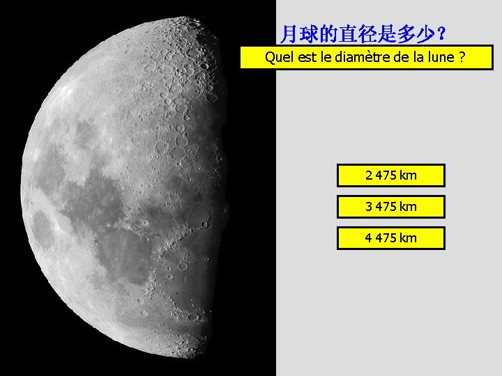 月球的直径是多少？ Quel est le diamètre de la lune ? 2 475 km 3 475