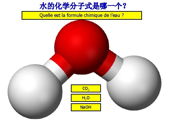 水的化学分子式是哪一个？ Quelle est la formule chimique de l’eau ? CO 2 H 2 O