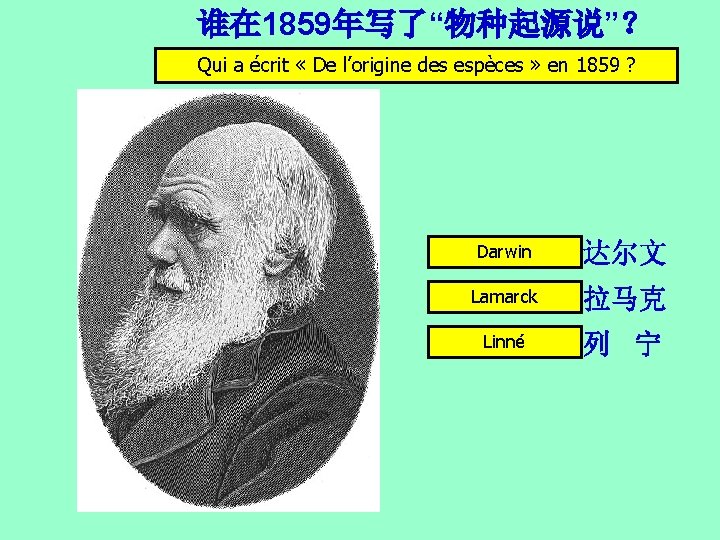 谁在 1859年写了“物种起源说”？ Qui a écrit « De l’origine des espèces » en 1859 ?