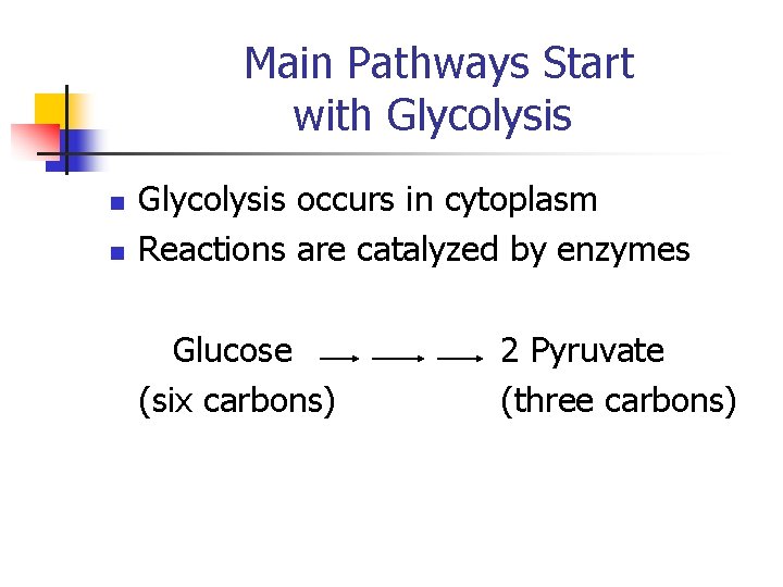 Main Pathways Start with Glycolysis n n Glycolysis occurs in cytoplasm Reactions are catalyzed