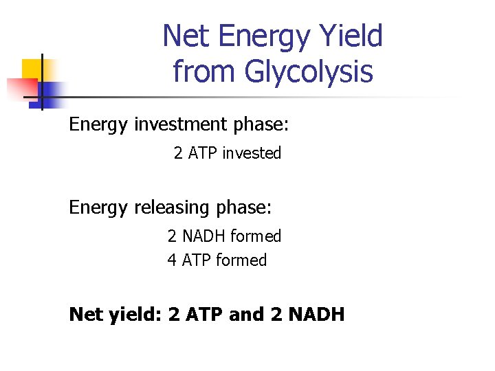 Net Energy Yield from Glycolysis Energy investment phase: 2 ATP invested Energy releasing phase: